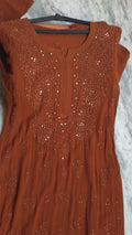 Hershey Kiss premium georgette long kurti set with handmade Lucknow chikankari, featuring intricate neck and Bootas embroidery.