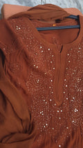 Hershey Kiss premium georgette long kurti with Lucknow chikankari embroidery, featuring neck bootas and intricate hand embroidery.