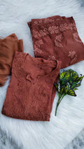 Hershey Kiss Premium Silk Chikankari full set with handmade Lucknow Chikankari kurta and matching silk bottom, LVW Fashions.