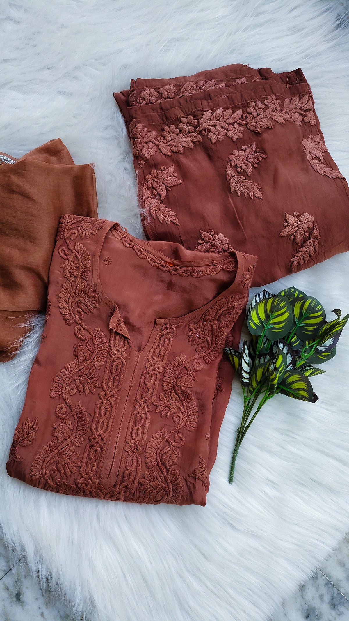 Hershey Kiss Premium Silk Chikankari full set with handmade Lucknow Chikankari kurta and matching silk bottom, LVW Fashions.