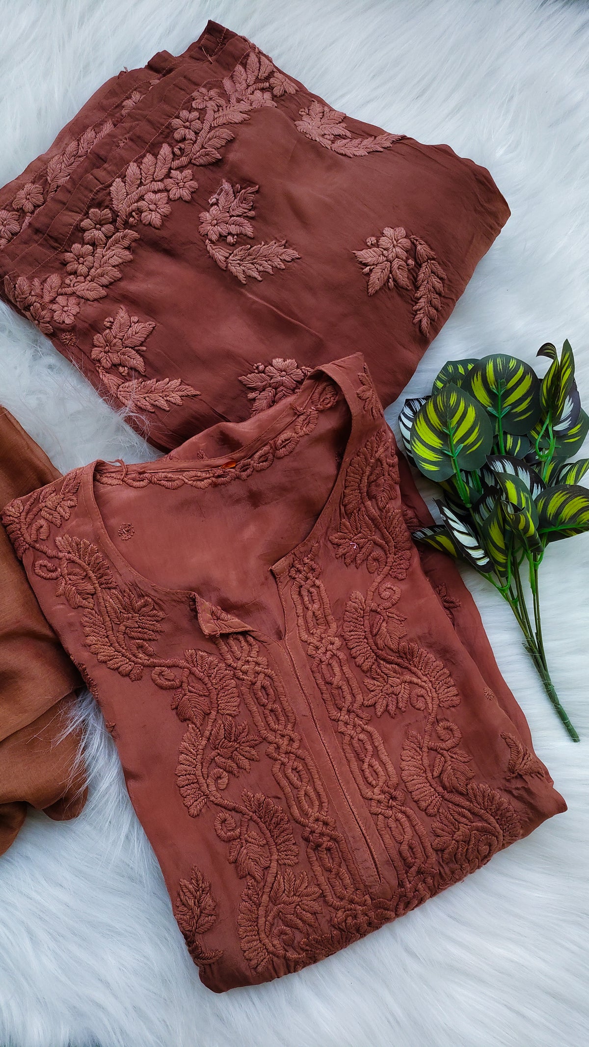 Hershey Kiss Premium Silk Chikankari full set with handmade Lucknow Chikankari kurta and matching silk bottom, LVW Fashions.