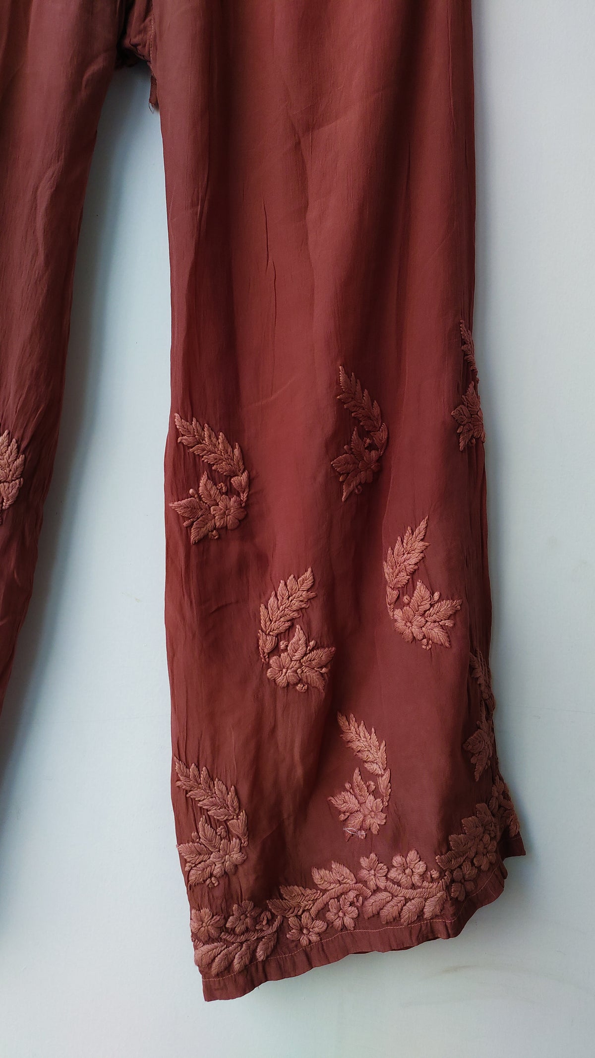 Hershey Kiss Premium Silk Chikankari full set with handmade Lucknow chikankari kurta and matching silk bottoms by LVW Fashions