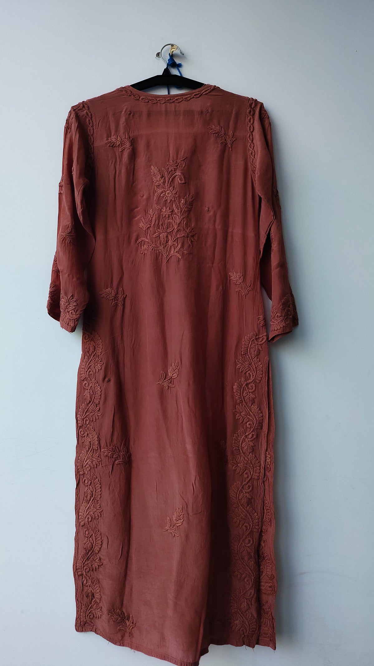 Hershey Kiss Premium Silk Chikankari full set with handmade Lucknow chikankari kurta and silk bottom by LVW Fashions.