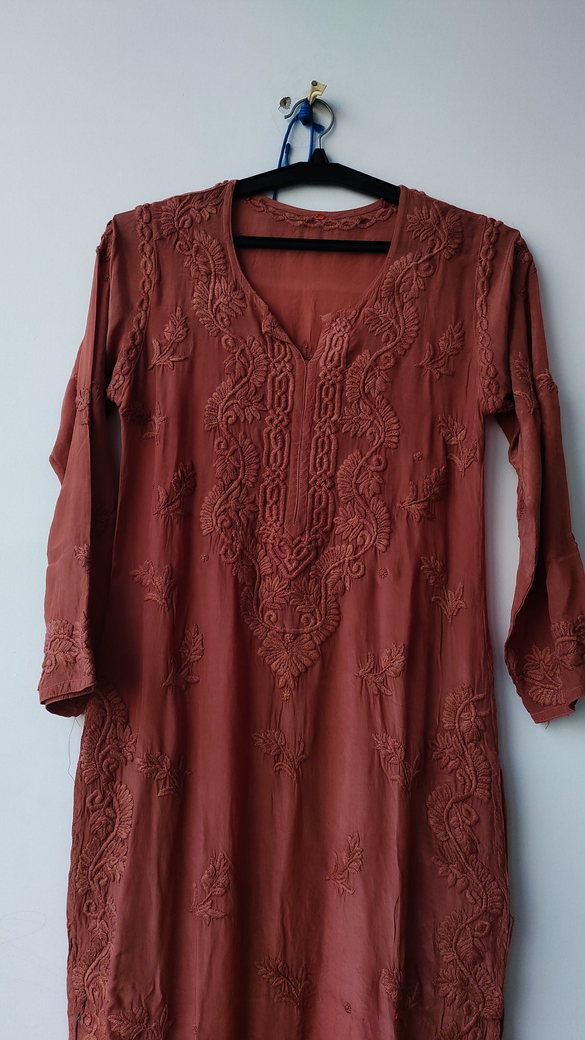 Hershey Kiss Premium Silk Chikankari Full Set with handmade Lucknow Chikankari kurta and silk bottoms by LVW Fashions.
