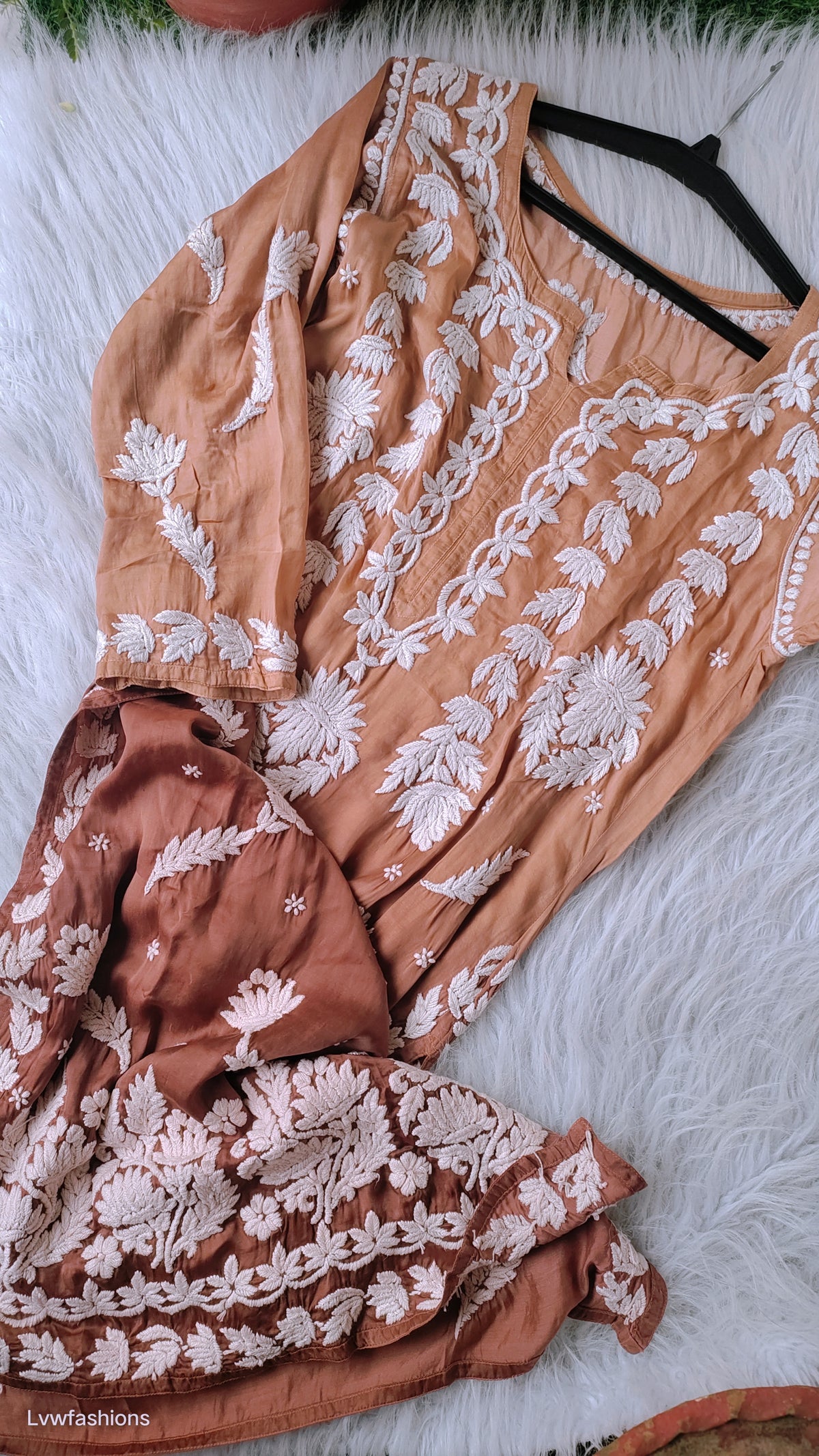 Hershey Kiss Premium Silk Ombre Chikankari Kurta by LVW Fashions, handmade Lucknow chikankari with intricate embroidery.