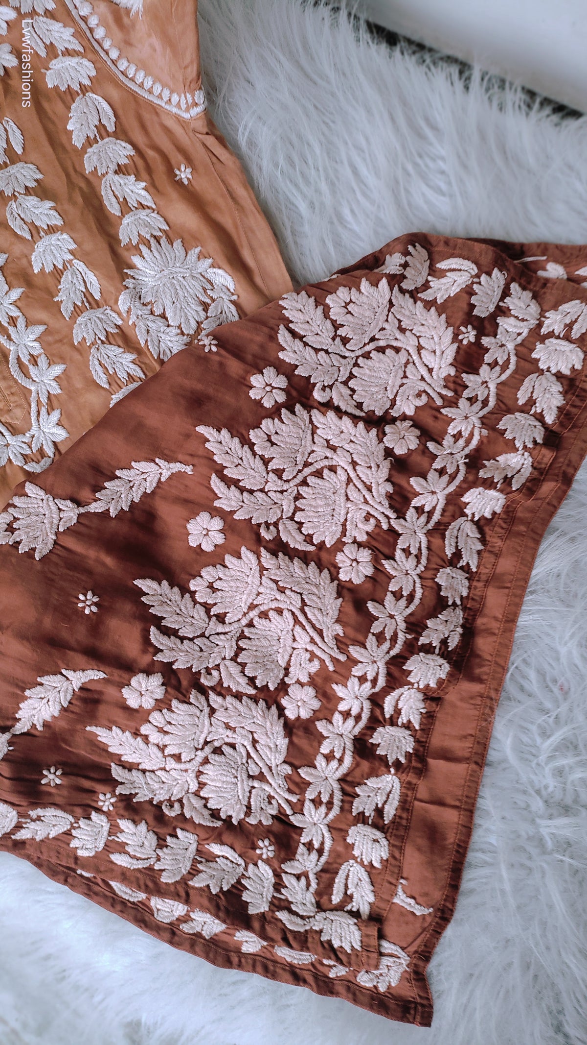 Hershey Kiss Premium Silk Ombre Chikankari Kurta by LVW Fashions, handcrafted Lucknow chikankari with intricate embroidery.