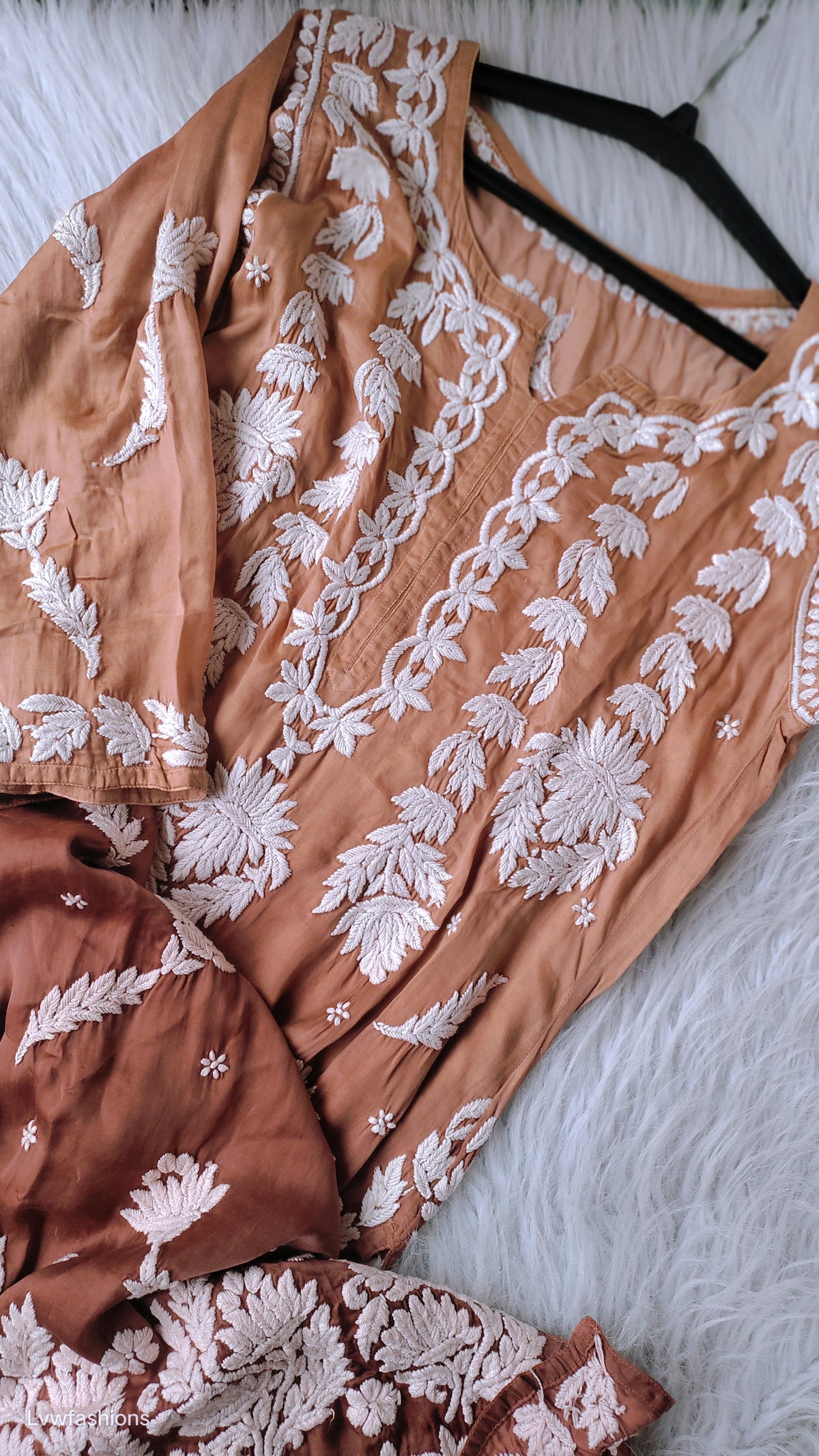 Hershey Kiss Premium Silk Ombre Chikankari Kurta by LVW Fashions, handmade Lucknow Chikankari with elegant embroidery.
