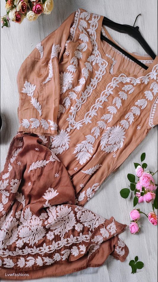 Hershey Kiss Premium Silk Ombre Chikankari Kurta by LVW Fashions, handmade Lucknow Chikankari in soft silk with intricate embroidery.
