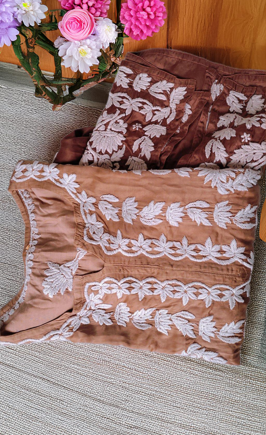Hershey Kiss Premium Silk Ombre Chikankari Kurta by LVW Fashions, handmade Lucknow Chikankari with elegant embroidery.