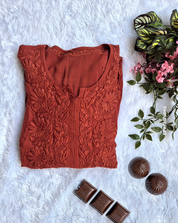 Luxurious Hershey Kiss premium soft modal chikankari long kurti by LVW Fashions, featuring intricate handmade Lucknow chikankari embroidery.
