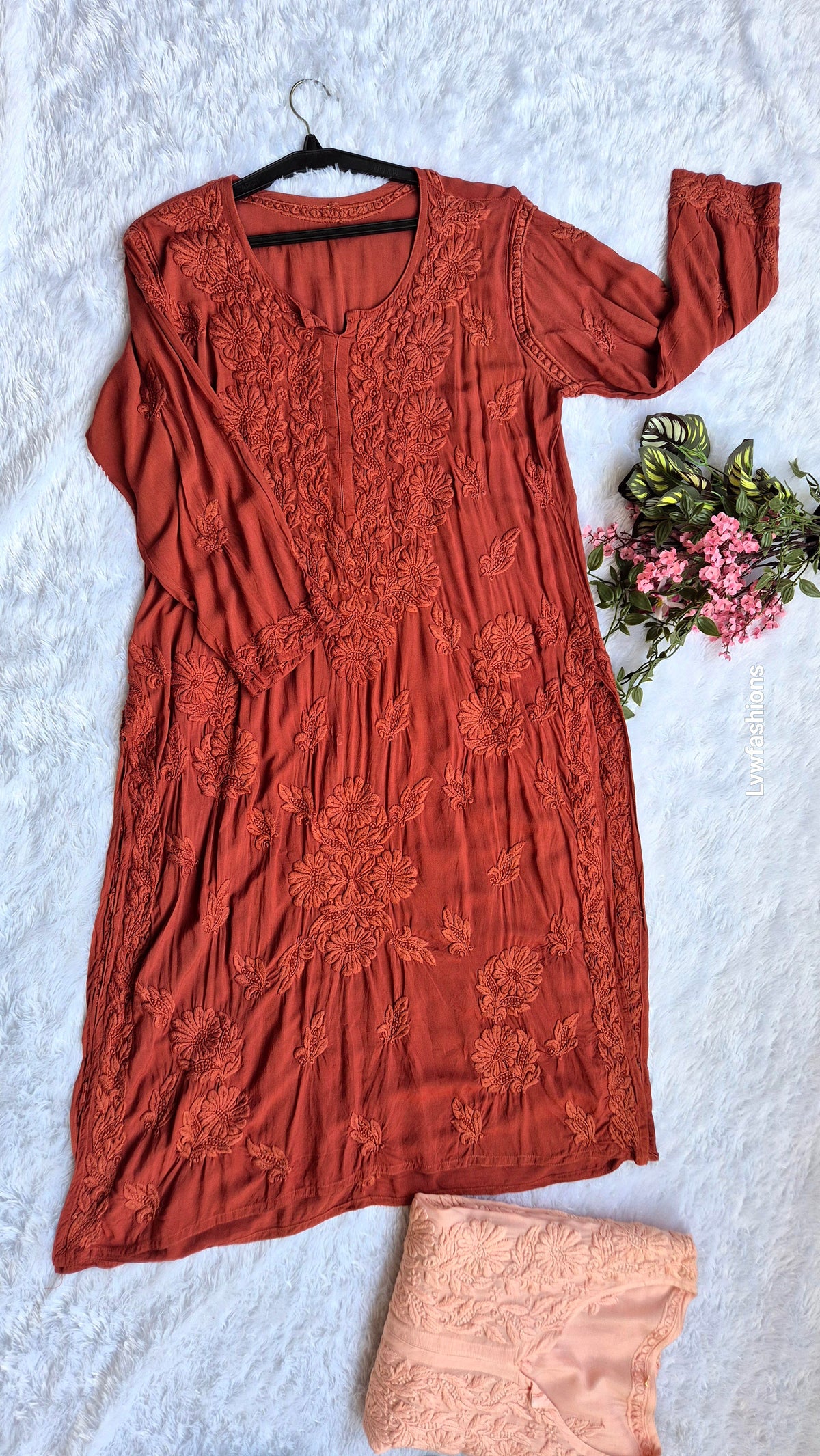 Luxurious Hershey Kiss premium soft modal chikankari long kurti by LVW Fashions, handmade Lucknow chikankari with intricate embroidery.