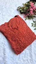 Luxurious Hershey Kiss premium soft modal chikankari long kurti by LVW Fashions, featuring intricate Lucknow chikankari embroidery.