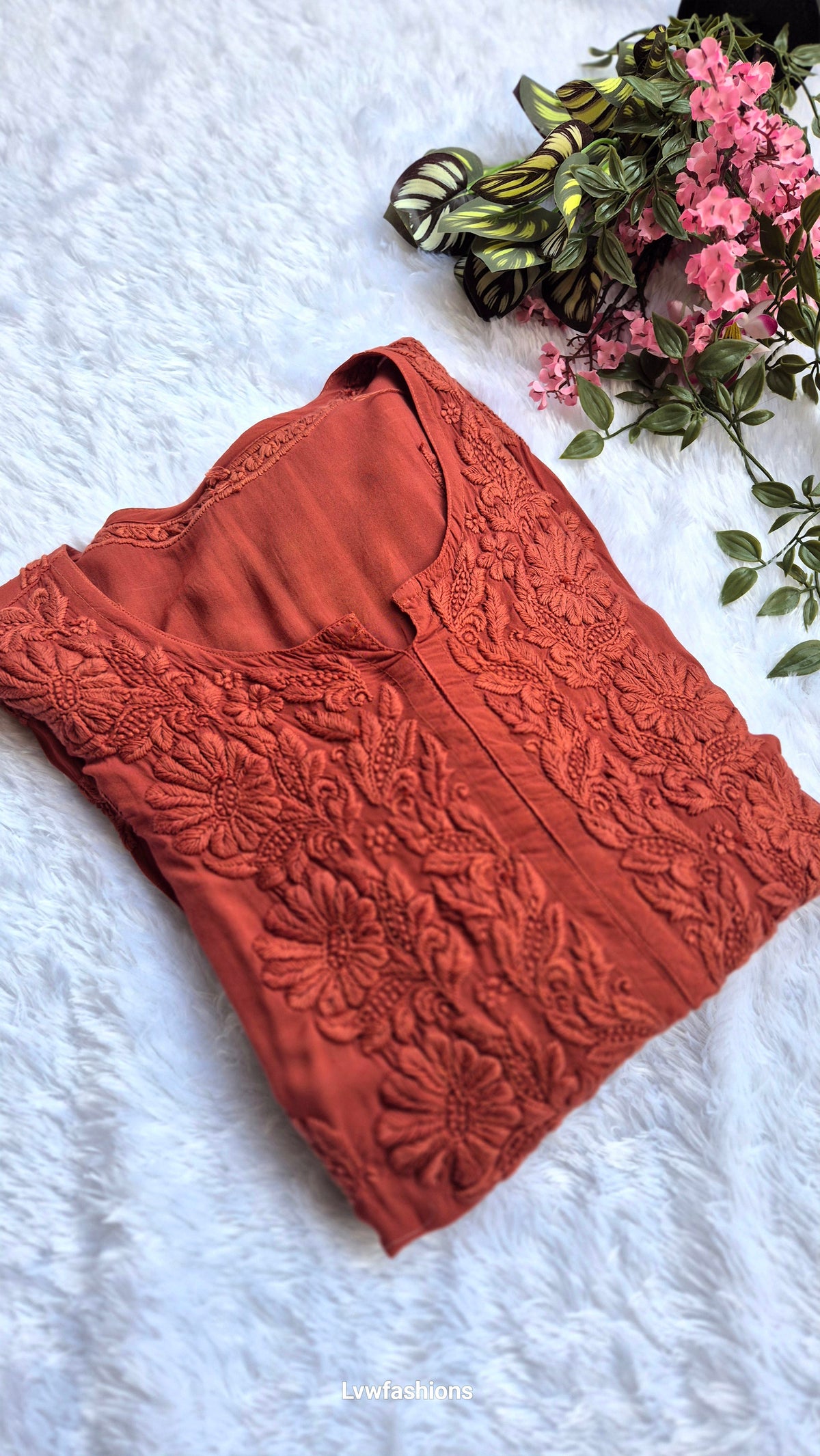 Luxurious Hershey Kiss premium soft modal chikankari long kurti by LVW Fashions, featuring intricate Lucknow chikankari embroidery.
