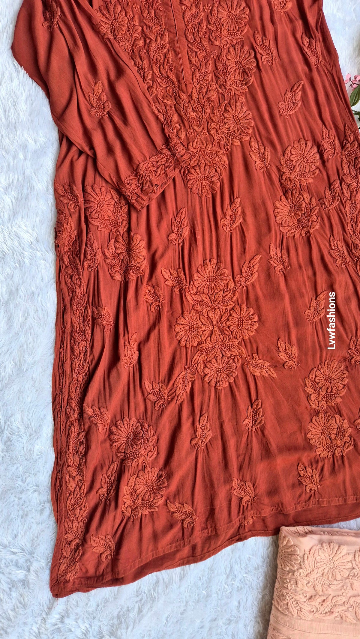 Luxurious Hershey Kiss premium soft modal chikankari long kurti by LVW Fashions featuring intricate handmade Lucknow chikankari.
