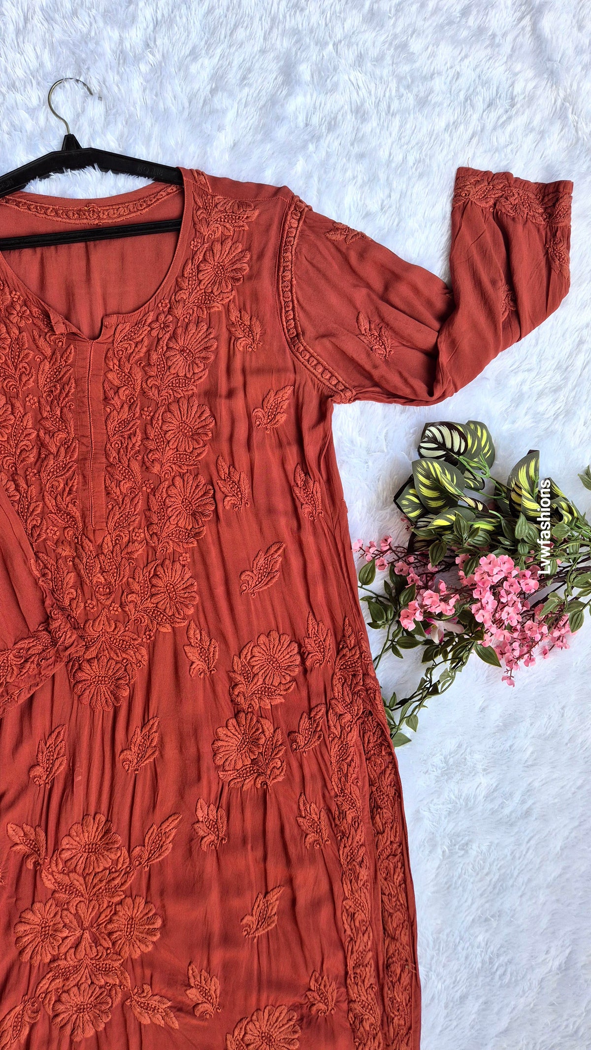 Luxurious long Hershey Kiss premium soft modal chikankari kurti by LVW Fashions with intricate Lucknow-style embroidery.