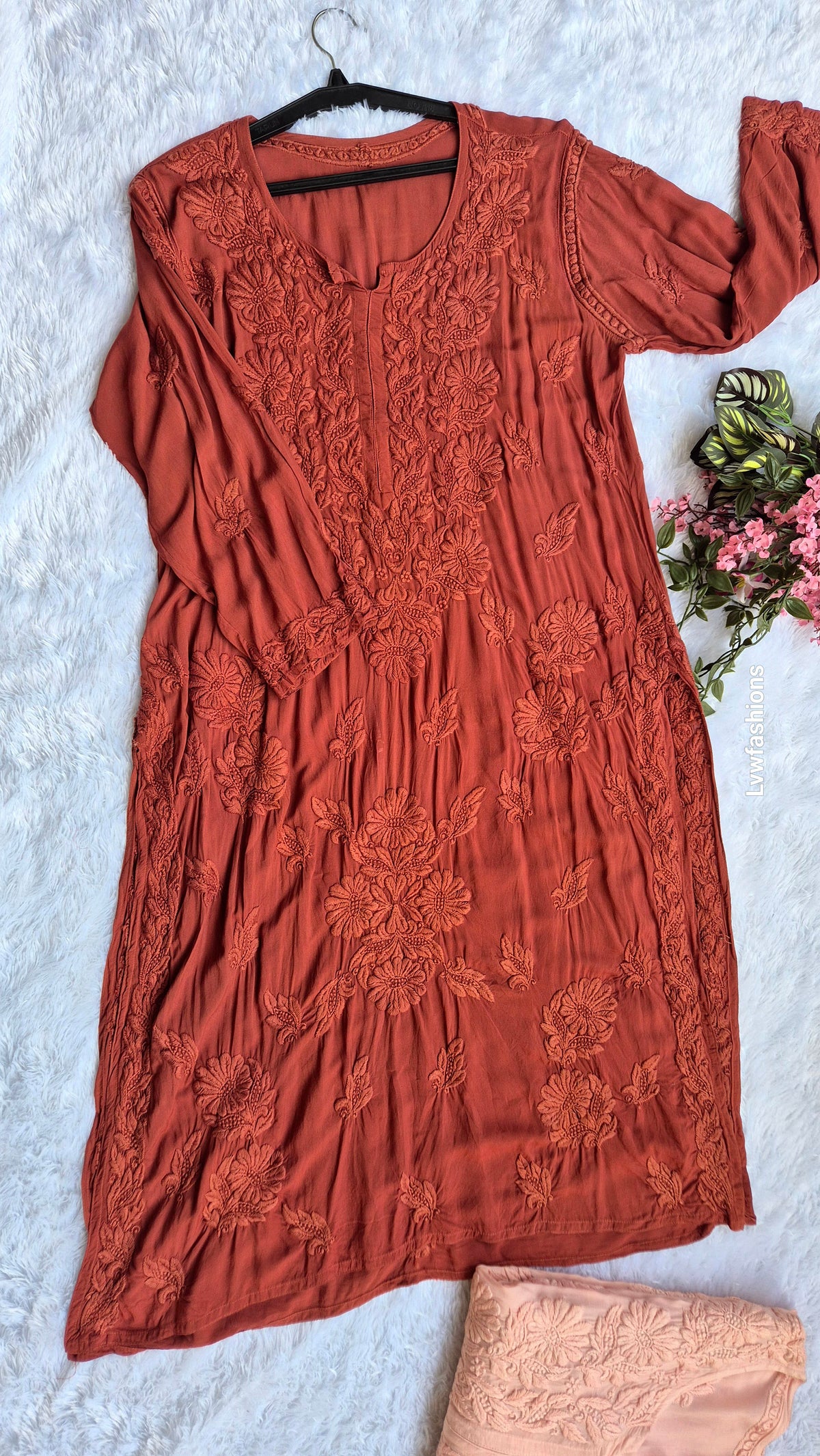 Luxurious Hershey Kiss premium soft modal chikankari long kurti by LVW Fashions, handmade Lucknow chikankari with intricate embroidery.
