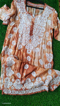 Hershey Kiss premium soft silk Chikankari long kurta by LVW Fashions in Tye Dye shade, handmade Lucknow Chikankari design.
