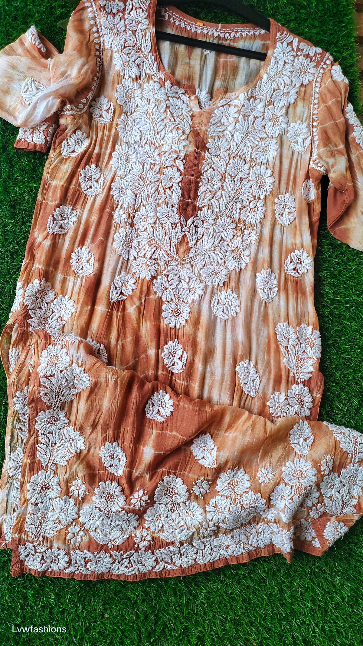 Hershey Kiss premium soft silk Chikankari long kurta by LVW Fashions in Tye Dye shade, handmade Lucknow Chikankari design.