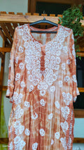 Hershey Kiss Premium Soft Silk Chikankari Long Kurta in Tye Dye Shade by LVW Fashions, handcrafted Lucknow Chikankari, XXS size.