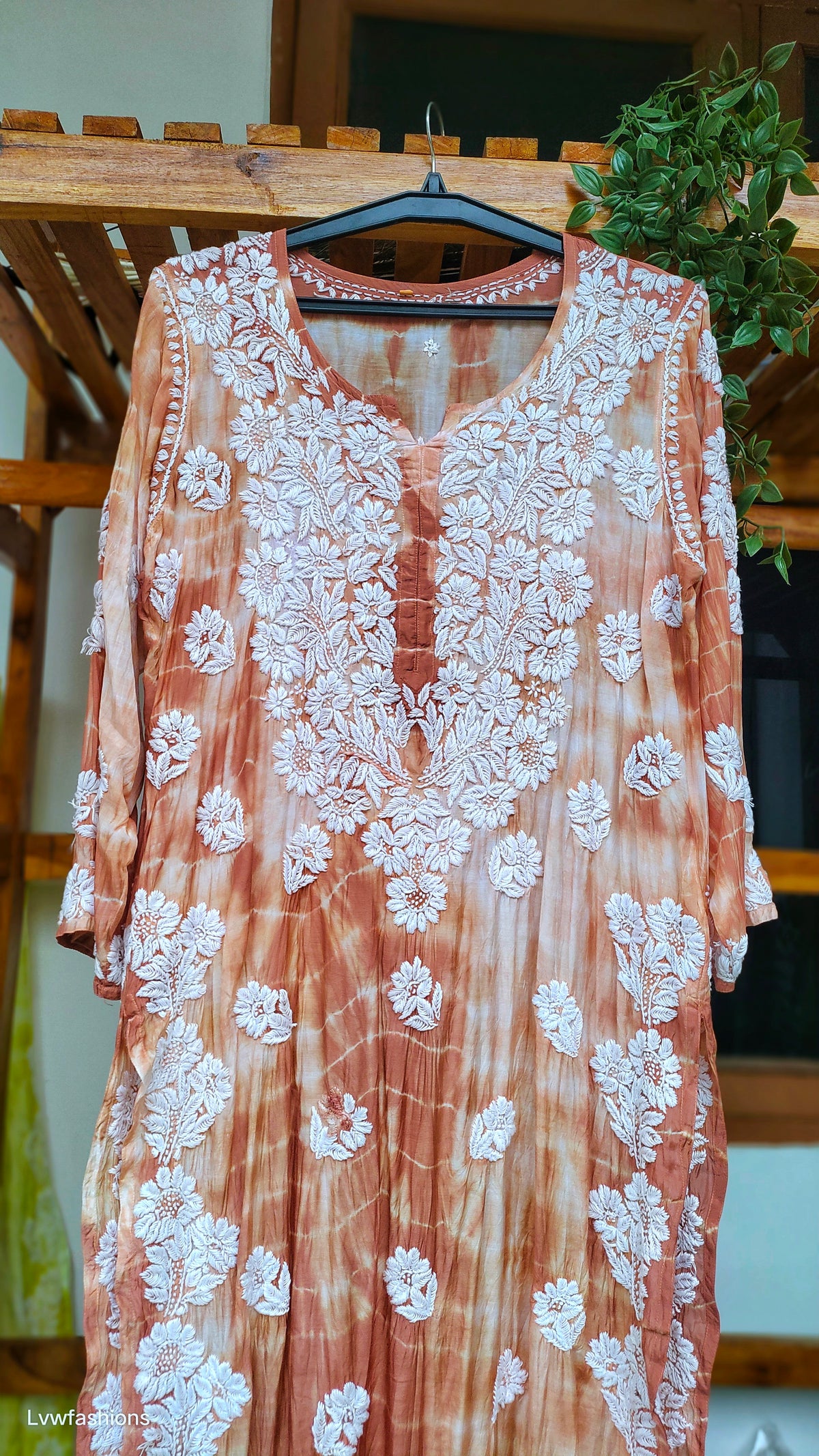 Hershey Kiss Premium Soft Silk Chikankari Long Kurta in Tye Dye Shade by LVW Fashions, handcrafted Lucknow Chikankari, XXS size.