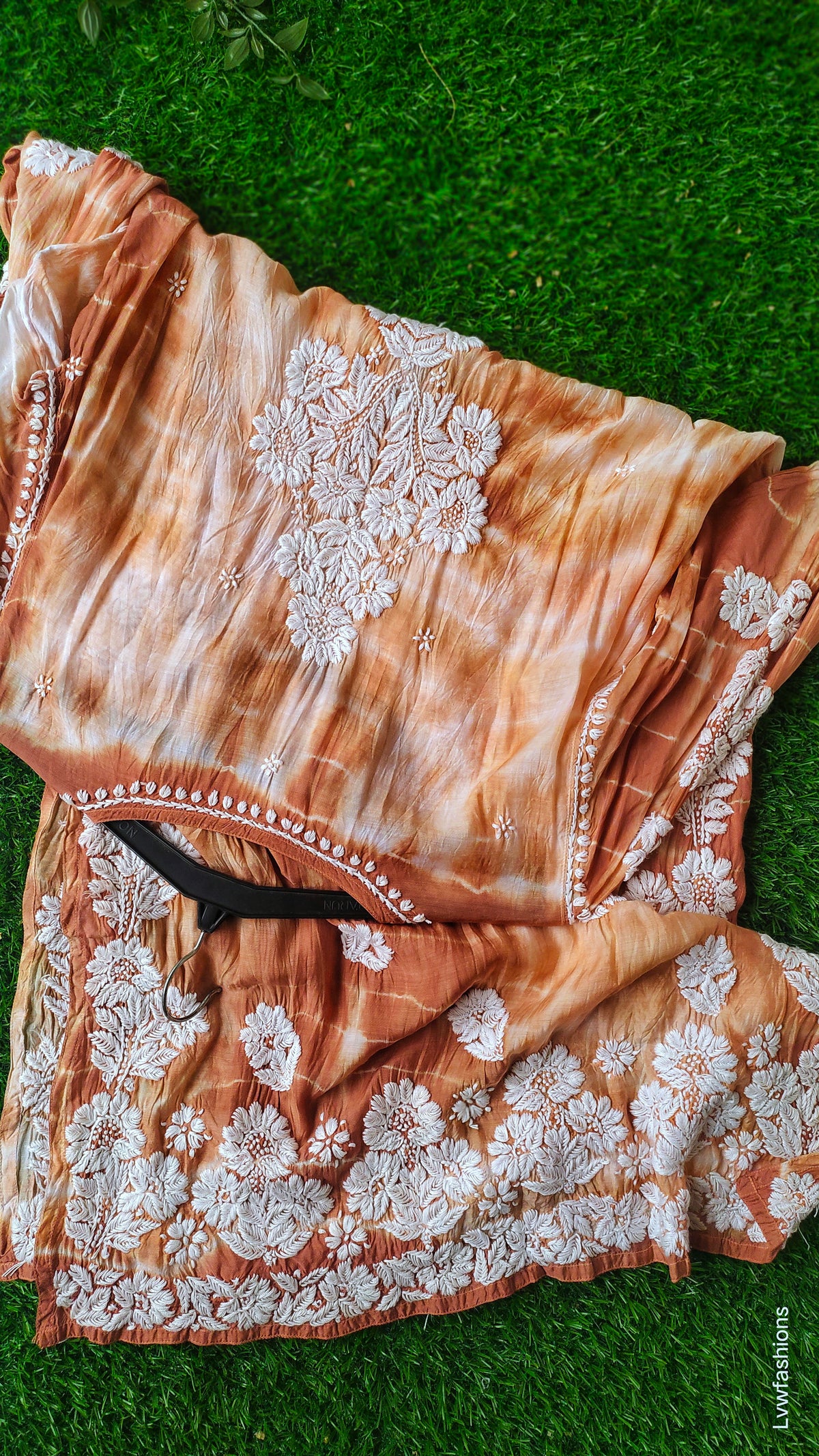 Hershey Kiss Premium Soft Silk Chikankari Long Kurta in Tye Dye Shade, handmade by LVW Fashions, featuring intricate Lucknow Chikankari.
