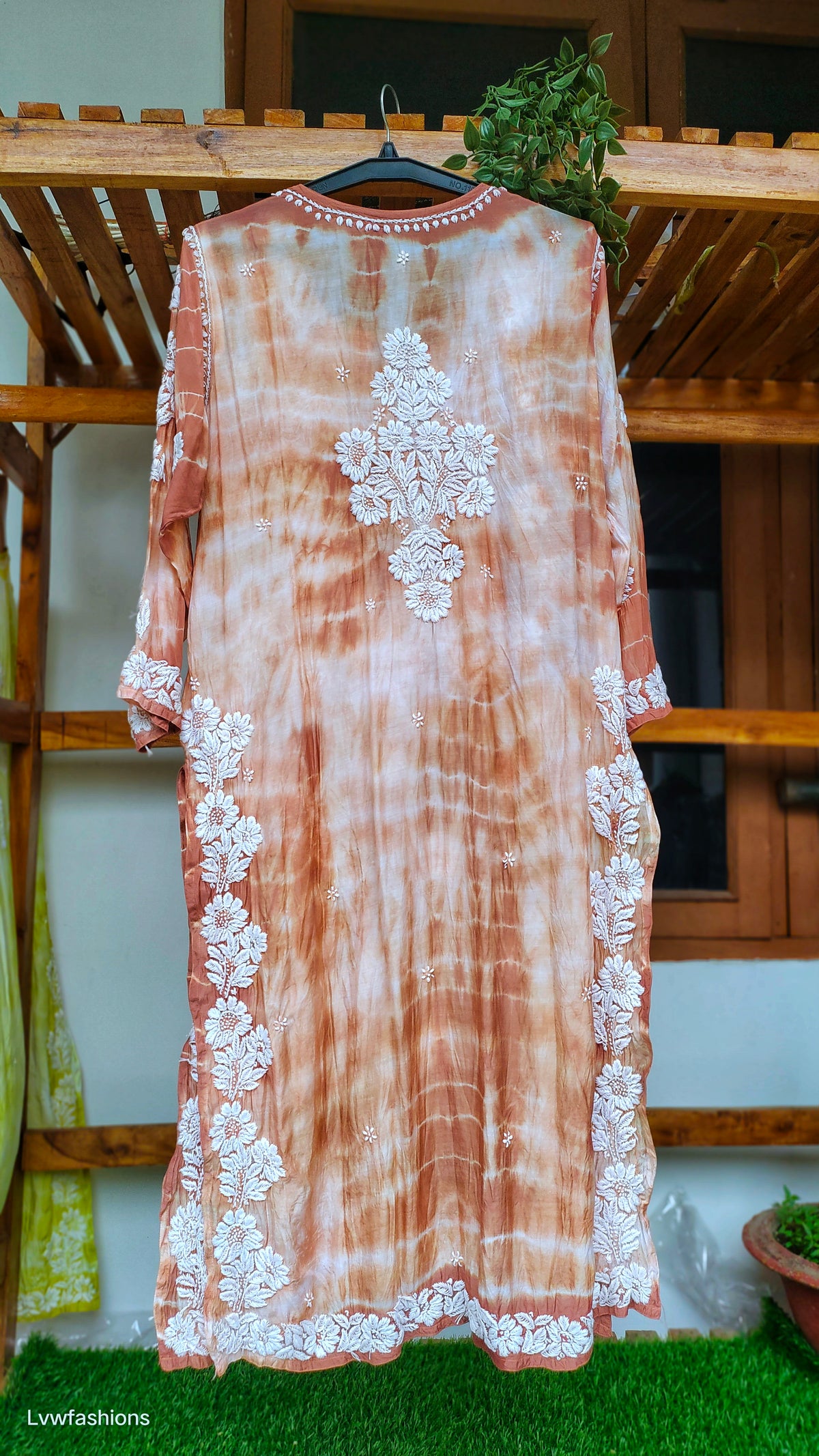 Hershey Kiss premium soft silk long kurta with handmade Lucknow Chikankari in Tye Dye shade, crafted by LVW Fashions.