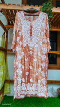 Hershey Kiss premium soft silk long kurta by LVW Fashions with handmade Lucknow Chikankari in Tye Dye shade.