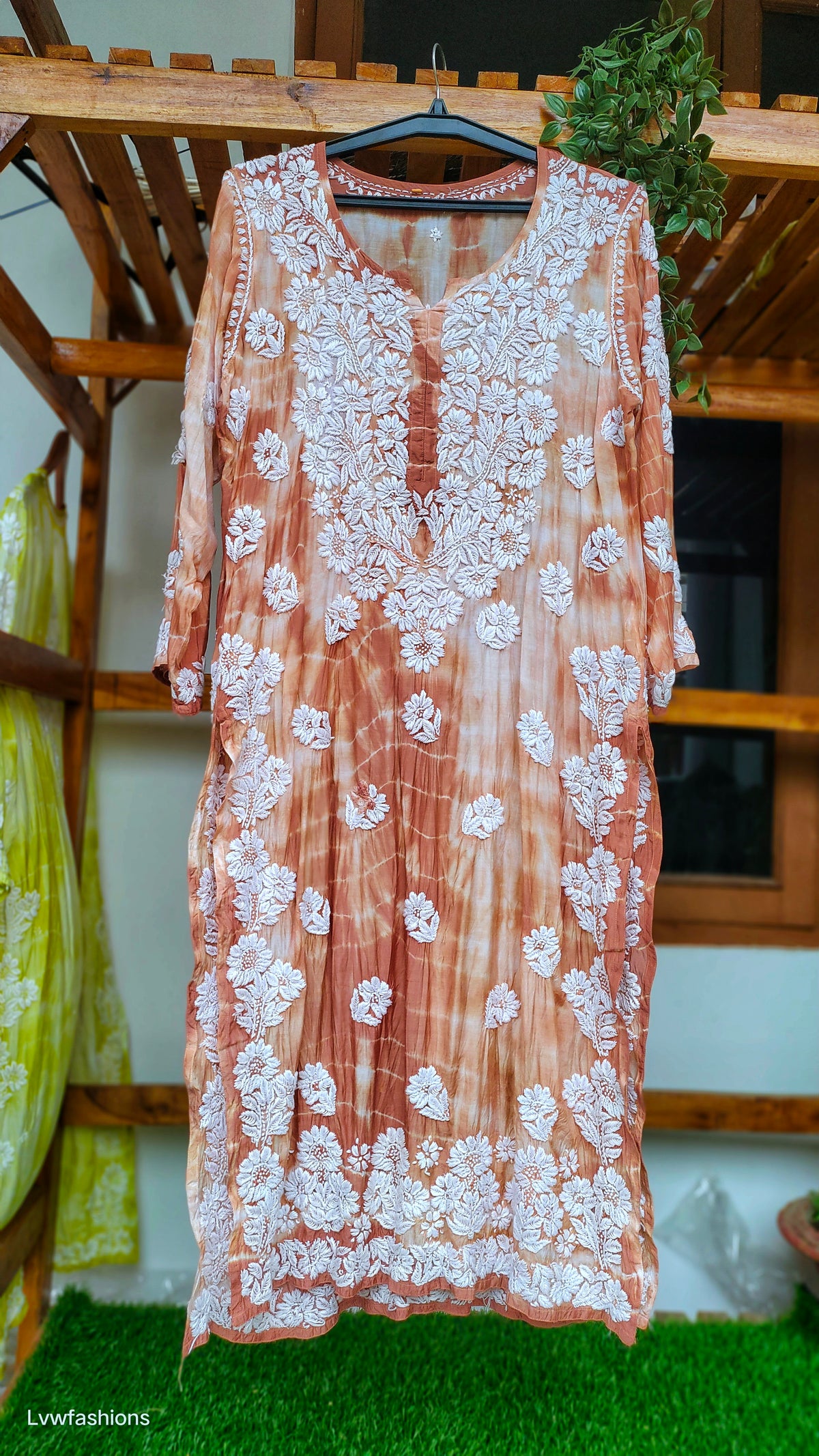 Hershey Kiss premium soft silk long kurta by LVW Fashions with handmade Lucknow Chikankari in Tye Dye shade.