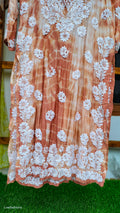 Hershey Kiss premium soft silk long Kurta with Tye Dye shade featuring intricate Lucknow Chikankari embroidery by LVW Fashions.