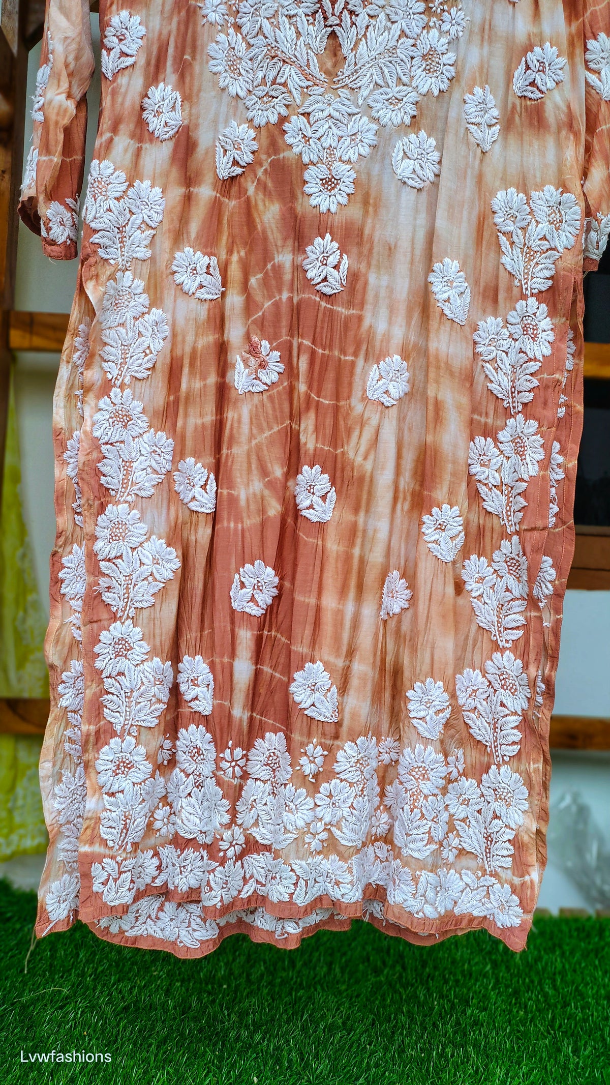 Hershey Kiss premium soft silk long Kurta with Tye Dye shade featuring intricate Lucknow Chikankari embroidery by LVW Fashions.