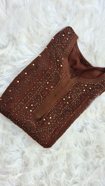 Luxurious handcrafted Hershey's Coco Georgette Chikankari long kurta by LVW Fashions featuring intricate Lucknow embroidery.