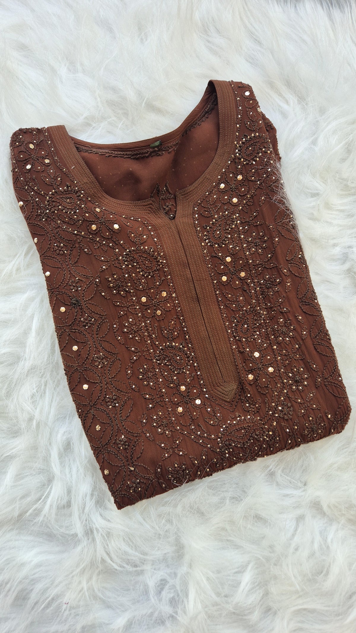 Luxurious Hershey's Coco Premium Georgette Chikankari long kurta by LVW Fashions, handcrafted in Lucknow with intricate embroidery.
