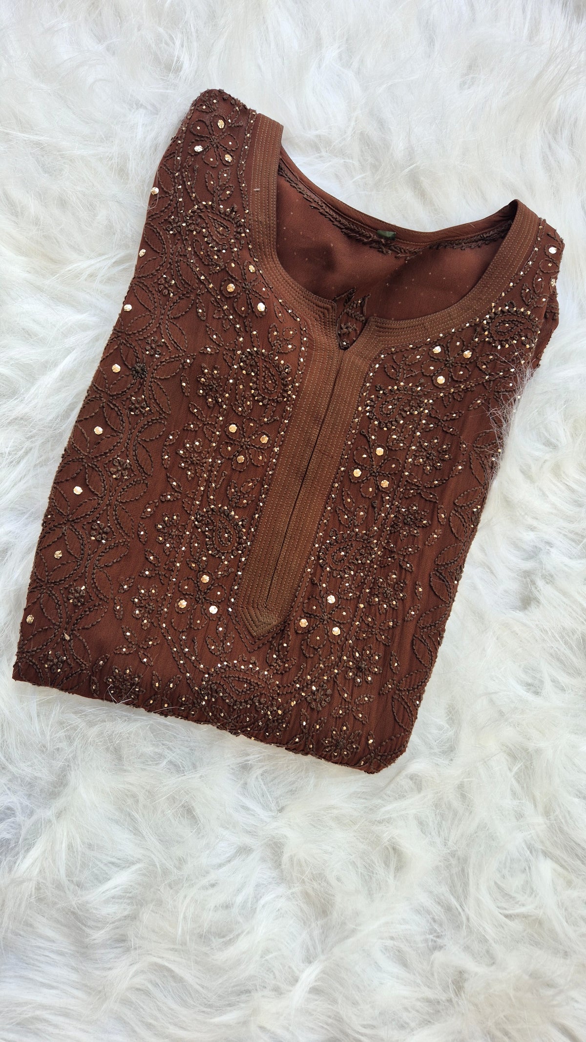 Hershey's Coco premium georgette long kurta with intricate handcrafted Lucknow chikankari embroidery by LVW Fashions.