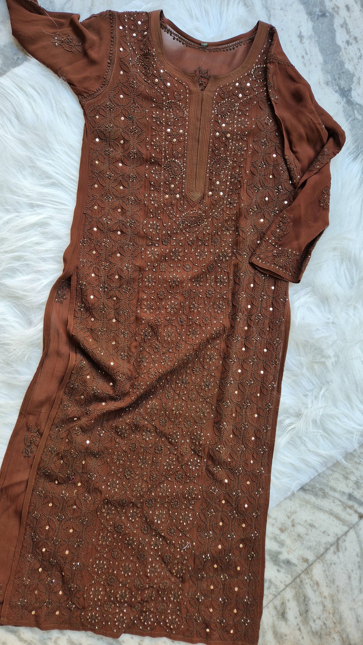 Hershey's Coco Premium Georgette Chikankari long kurta by LVW Fashions, handcrafted Lucknow Chikankari, luxurious and elegant.