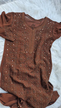 Hershey's Coco Premium Georgette Chikankari long kurta by LVW Fashions, handcrafted luxurious Lucknow-style chikankari fabric.