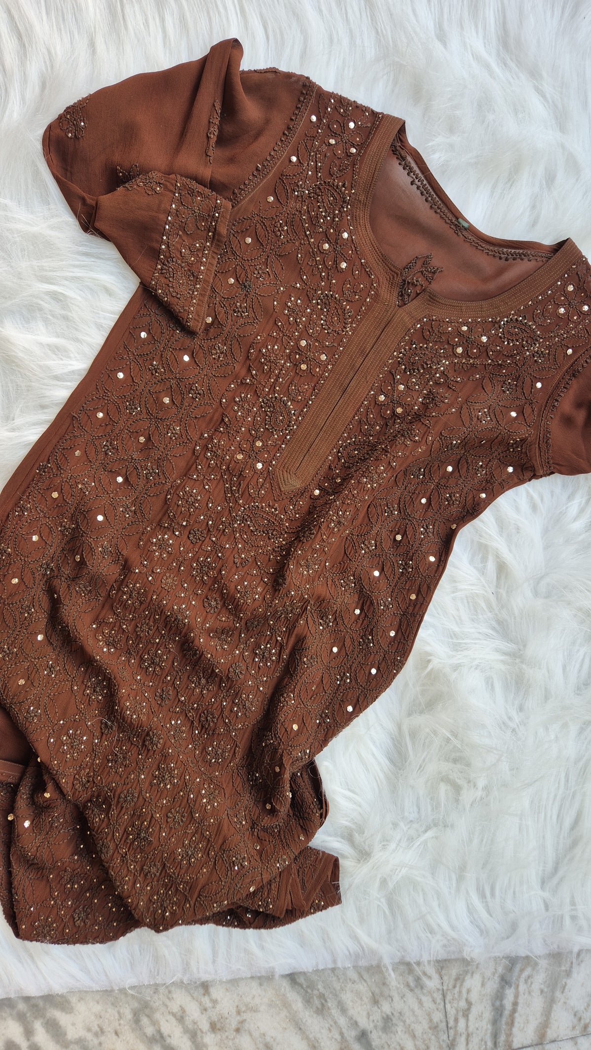 Handcrafted Hershey's Coco Premium Georgette Chikankari long kurta by LVW Fashions, featuring intricate Lucknow-style embroidery.