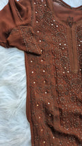 Hershey's Coco Premium Georgette Chikankari Long Kurta by LVW Fashions, handcrafted Lucknow chikankari with intricate embroidery.