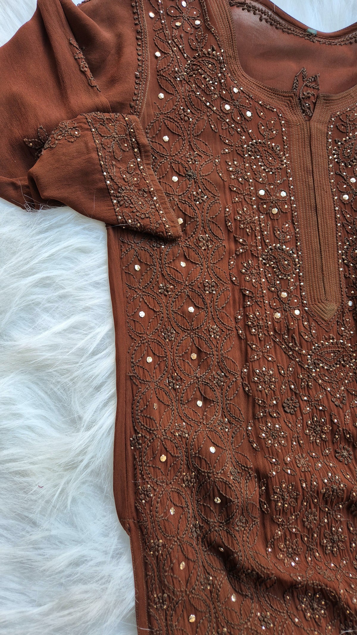 Hershey's Coco Premium Georgette Chikankari Long Kurta by LVW Fashions, handcrafted Lucknow chikankari with intricate embroidery.