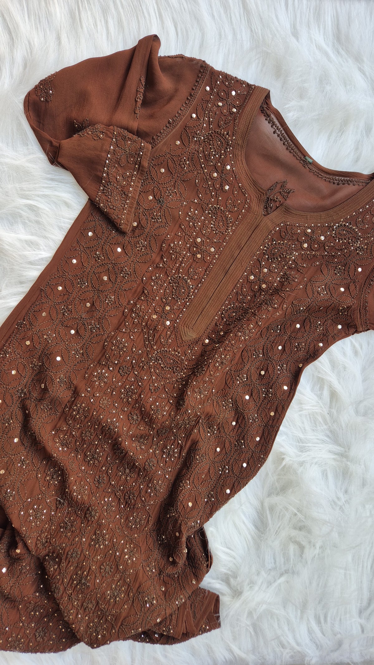 Hershey's Coco Premium Georgette Chikankari long kurta by LVW Fashions, handcrafted in Lucknow with intricate chikankari embroidery.
