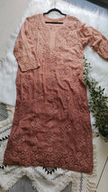 Hershey's Kiss Ombre brown luxury Georgette Chikankari long kurta with heavy embroidery by LVW Fashions, lightweight and handcrafted.