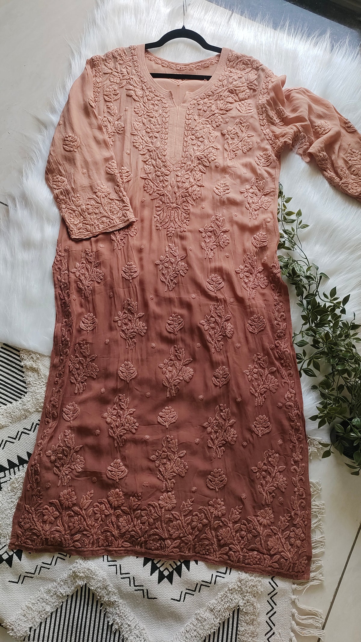 Hershey's Kiss Ombre brown luxury Georgette Chikankari long kurta with heavy embroidery by LVW Fashions, lightweight and handcrafted.