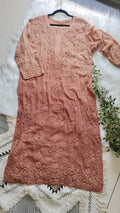 Hershey's Kiss ombre brown premium georgette long Kurta with heavy embroidery, handmade Lucknow chikankari by LVW Fashions.