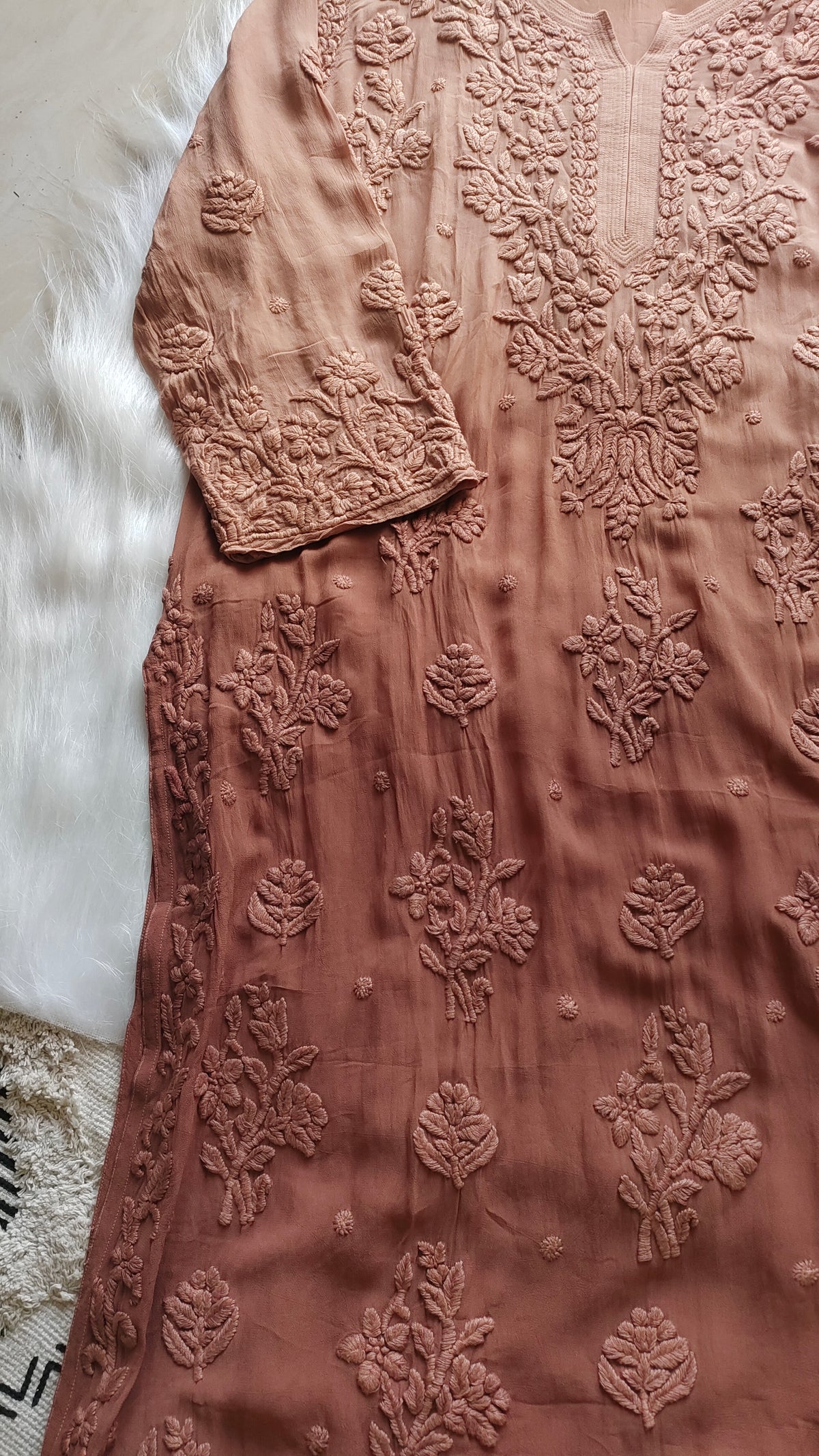 Hershey's Kiss ombre brown premium georgette Chikankari long kurta with heavy embroidery, handmade in Lucknow by LVW Fashions.