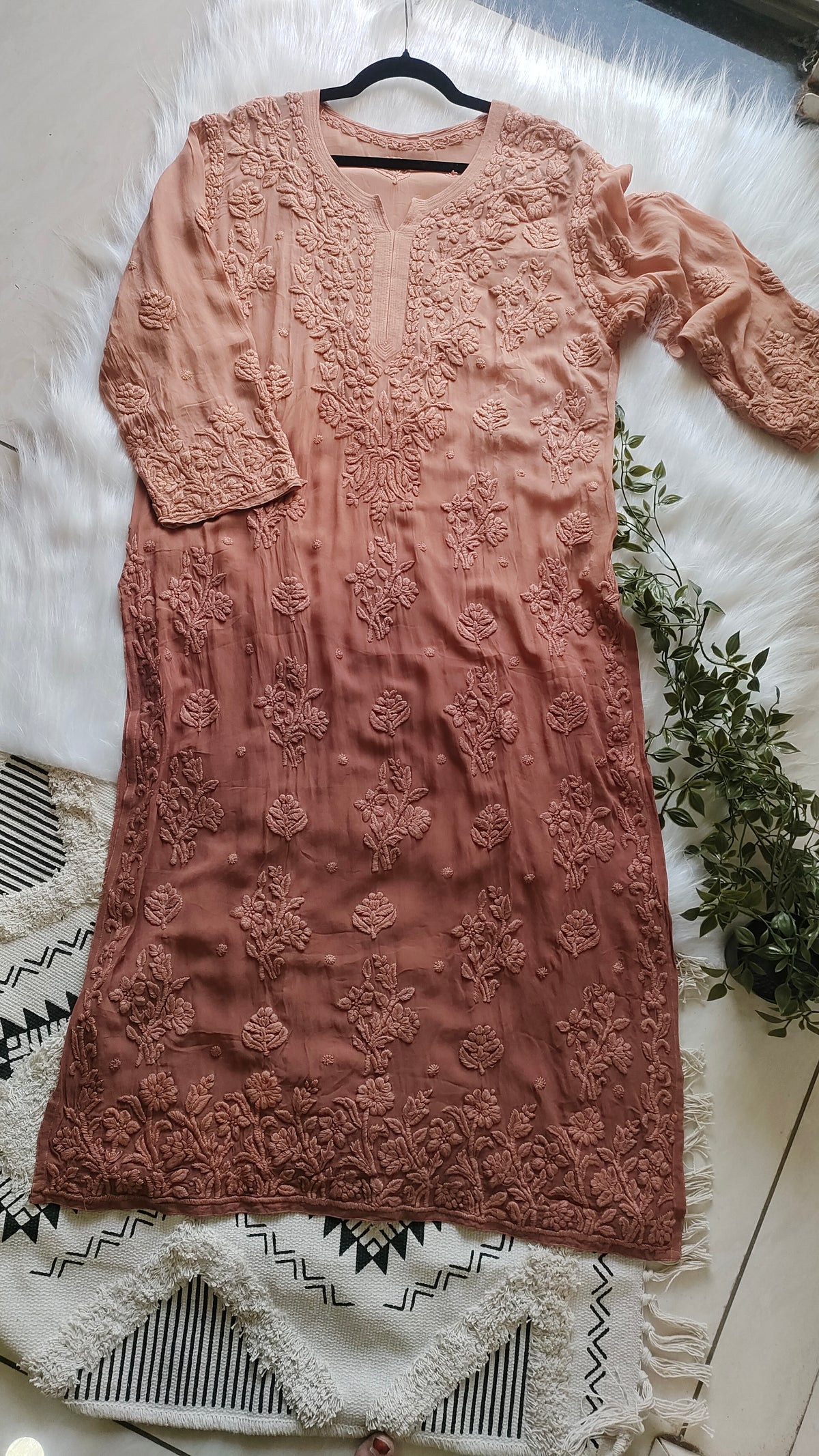 Hershey's kiss ombre brown premium georgette long kurta with heavy embroidery, luxurious handmade Lucknow Chikankari by LVW Fashions.
