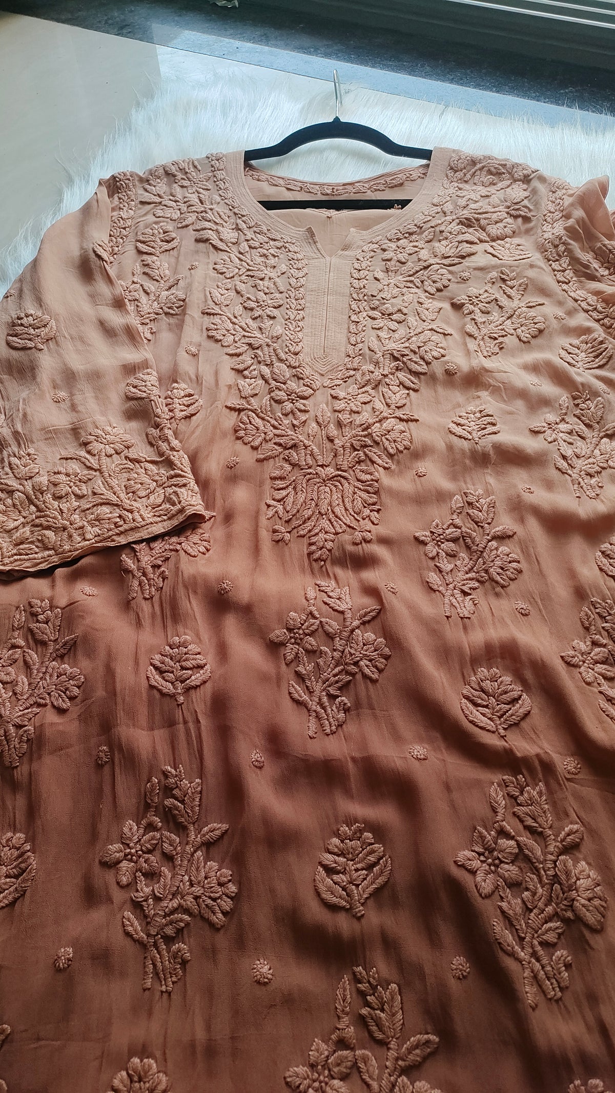 Hershey's Kiss Ombre brown premium georgette long kurta with luxurious Chikankari embroidery, handmade by LVW Fashions.