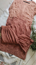 Hershey's Kiss Ombre brown long Kurta by LVW Fashions, luxurious georgette fabric with intricate Chikankari embroidery.