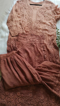 Hershey's Kiss Ombre Brown premium Georgette Chikankari long kurta with heavy embroidery, handcrafted by LVW Fashions, lightweight and luxurious.