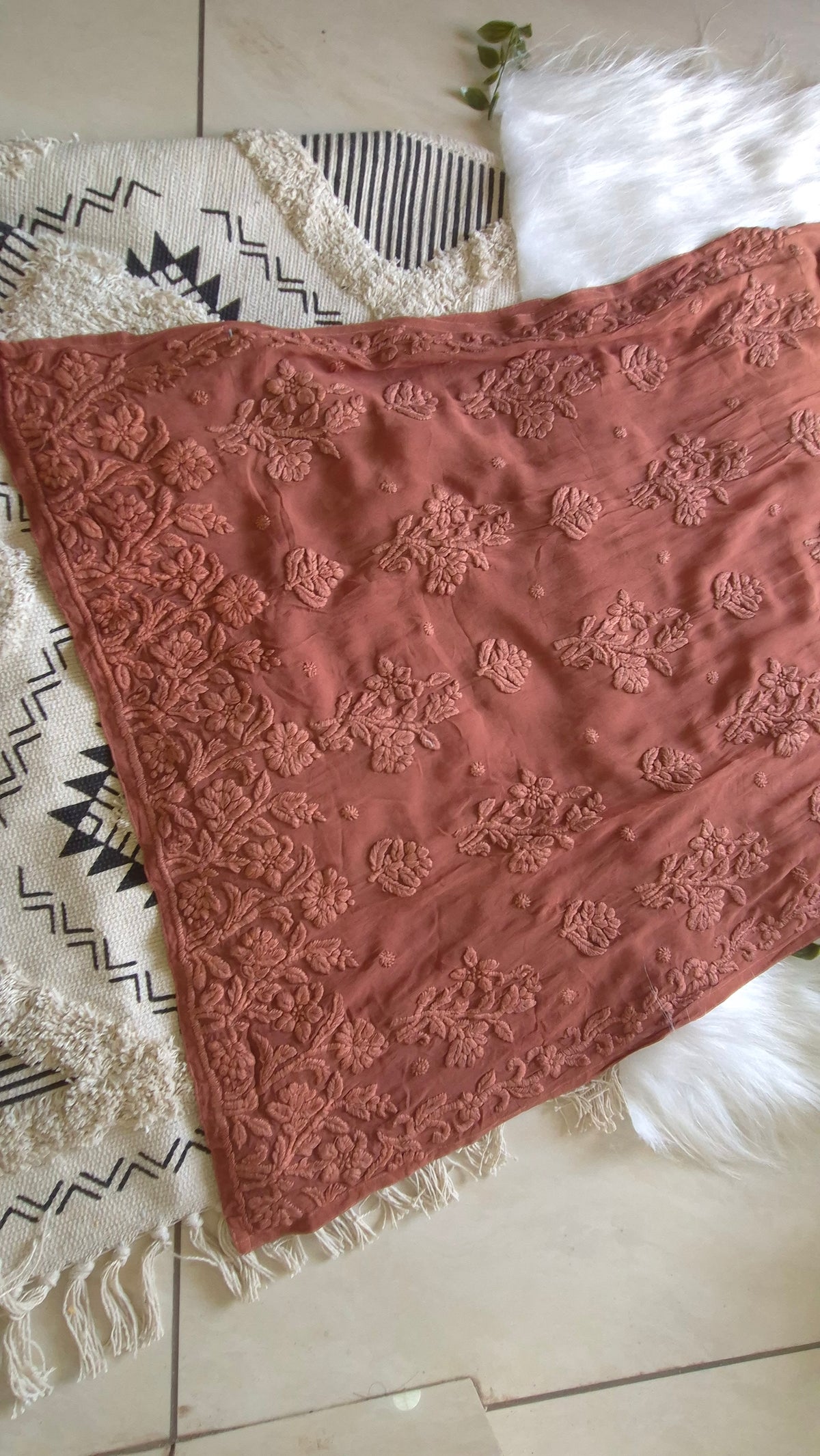 Hershey's Kiss Ombre brown georgette long kurta with luxurious handcrafted Lucknow chikankari embroidery by LVW Fashions.
