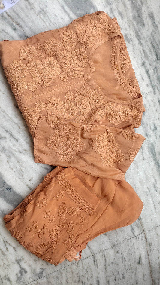 Honey Bee premium silk modal Chikankari kurta set by LVW Fashions, handcrafted Lucknow Chikankari with intricate embroidery.