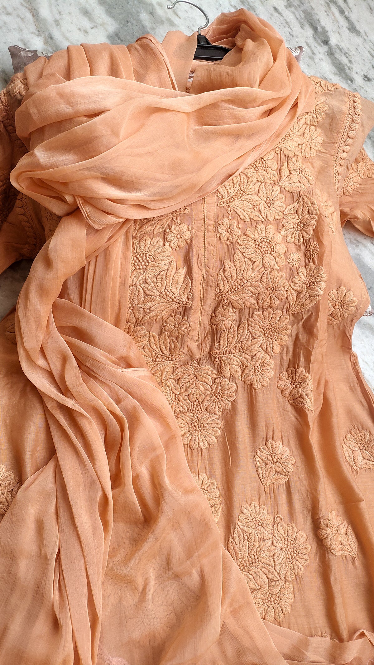 Honey Bee Premium Silk Modal Chikankari Kurta set by LVW Fashions, handcrafted Lucknow chikankari with intricate embroidery.